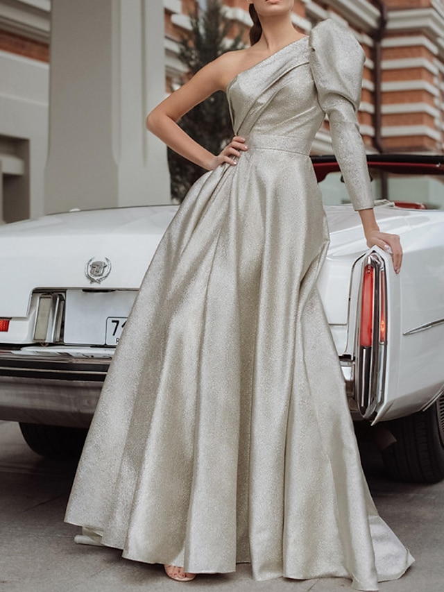  A-Line Evening Gown Elegant Dress Formal Wedding Guest Floor Length Long Sleeve One Shoulder Sequined with Pleats 2024