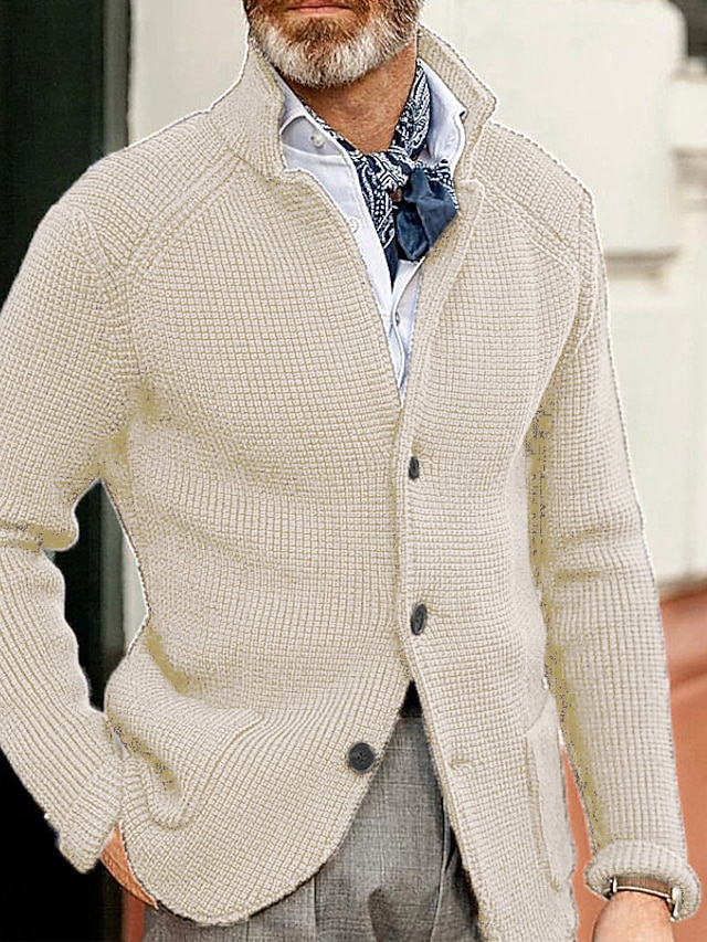 Men's Sweater Cardigan Sweater Ribbed Knit Pocket Knitted Solid Color ...