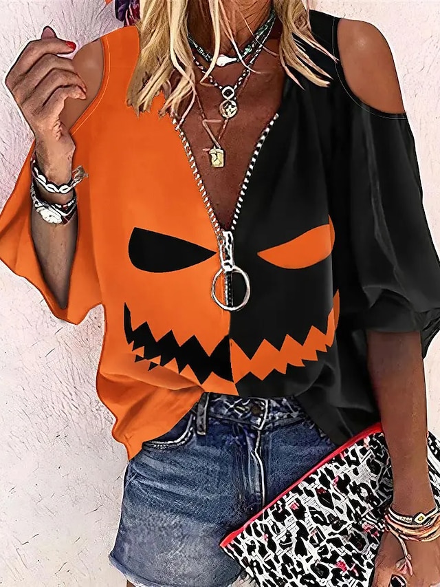  Dam Blus Skjorta Orange Pumpa Spöke Utklippt Fjärdedels blixtlås 3/4 ärm Halloween Helgen Streetwear Ledigt V-hals Normal S / 3D-tryck / Mönster