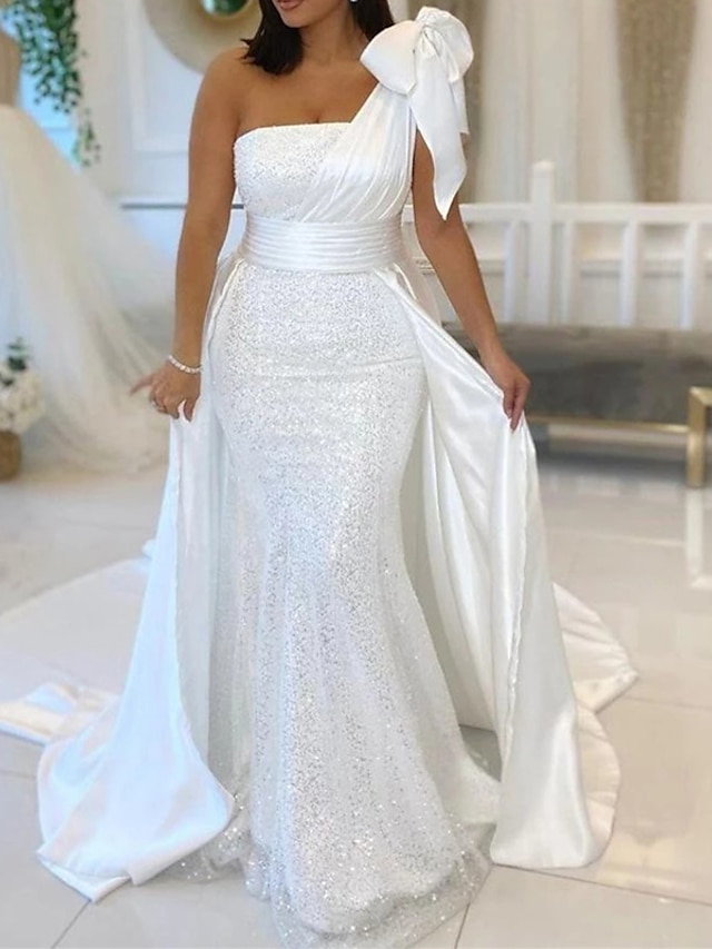  Hall Wedding Dresses Mermaid / Trumpet One Shoulder Sleeveless Chapel Train Sequined Bridal Gowns With Bow(s) Sequin 2024