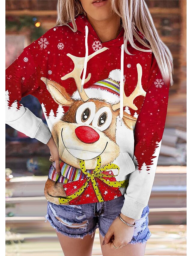  Women's Hoodie Sweatshirt Pullover Streetwear Front Pocket Red Snowflake Reindeer Christmas Hoodie Long Sleeve S M L XL 2XL