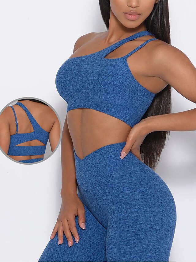  Women's One Shoulder Medium Support Sports Bra Yoga Top Open Back Cropped Solid Color Black Blue Yoga Fitness Gym Workout Spandex Sports Bra Top Sport Activewear Stretchy Breathable Quick Dry