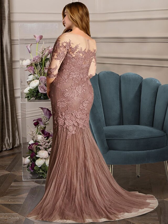 A-Line Mother of the Bride Dresses Plus Size Hide Belly Curve Elegant Dress Formal Sweep / Brush Train Half Sleeve V Neck Chiffon with Ruffles Strappy main image 1