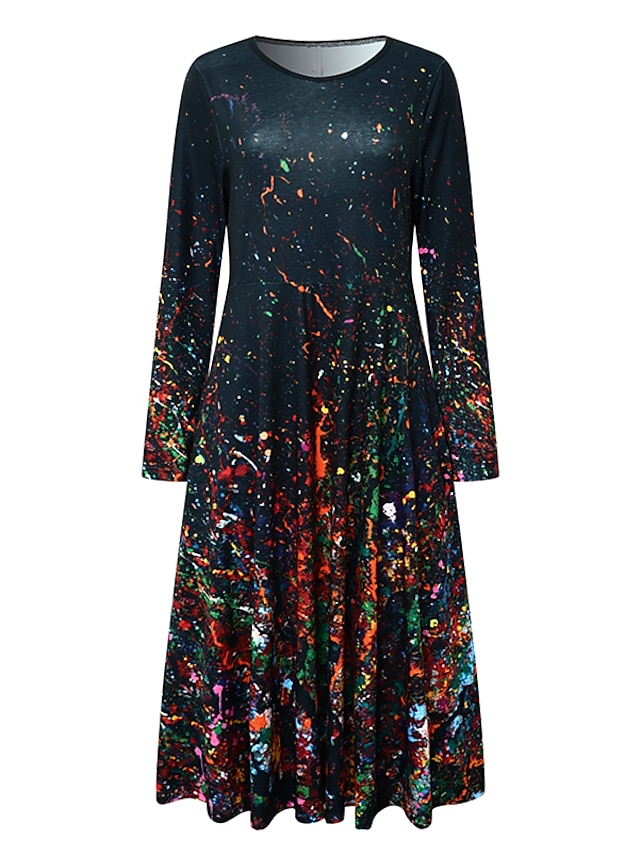  Ženské midi šaty volnočasové šaty zimní šaty swing šaty dovolená móda základní formální dovolená večírek pravidelně padnoucí tie dye barevný gradient dlouhý rukáv posádka krk žlutá modrá velbloudí