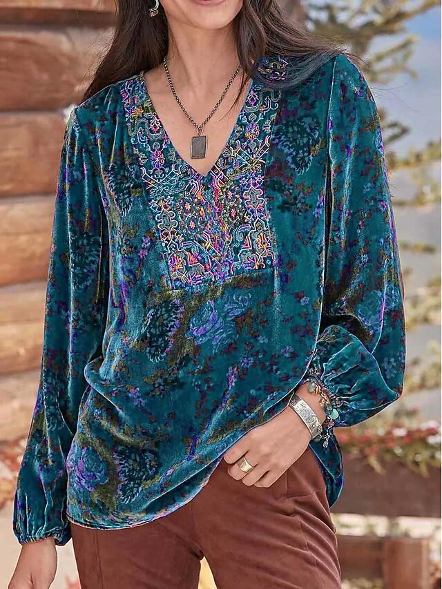  dameskjorte boho skjortebluse fløjl basic blomsterprint langærmede almindelige toppe v-halsfest nytår gul rød lilla grå forår efterår
