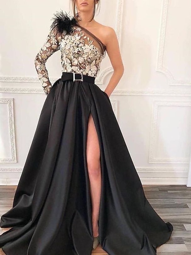  A-Line Evening Gown Black Dress Vintage Formal Wedding Guest Court Train Long Sleeve One Shoulder Satin with Feather Slit 2024