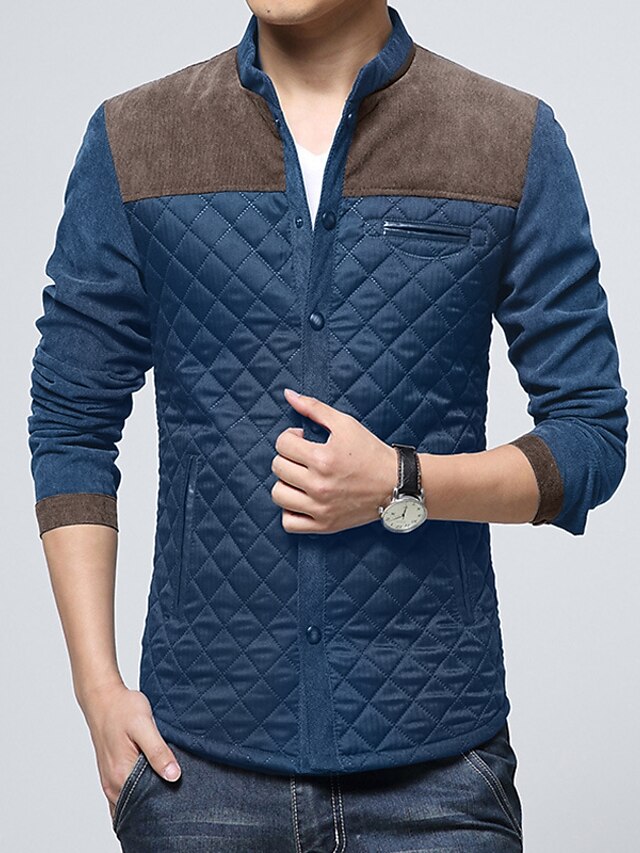  men's contrast stand collar button down quilted jacket (large, navy-grey)