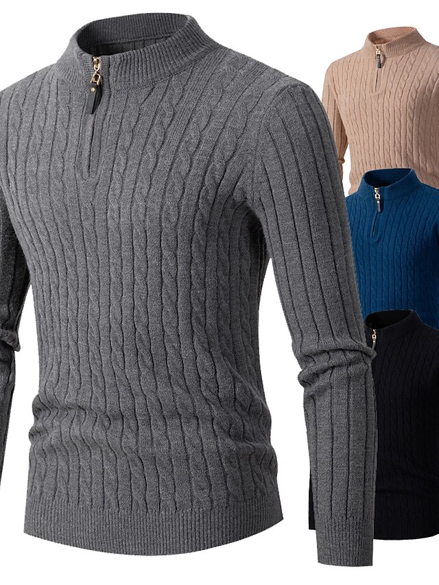  Men's Sweater Pullover Sweater jumper Ribbed Knit Zipper Knitted Solid Color Stand Collar Basic Stylish Daily Holiday Clothing Apparel Fall Winter Khaki Navy Blue M L XL / Long Sleeve / Long Sleeve