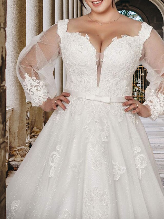  Hall Wedding Dresses Sweep / Brush Train A-Line Long Sleeve V Neck Lace With Lace Ruffles 2023 Bridal Gowns