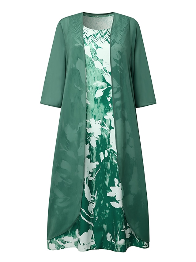  damekjolesett todelt kjole midikjole grønn blå grå halvermet blomstertrykk sommer vår u-hals avslappet 2023 s m l xl xxl 3xl