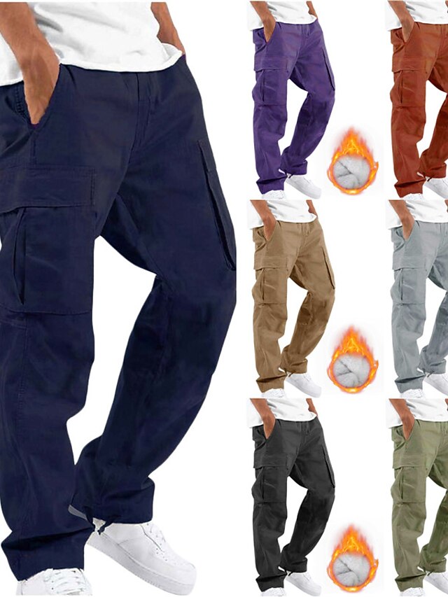  Men's Cargo Pants Fleece Pants Winter Pants Trousers Drawstring Elastic Waist Leg Drawstring Plain Comfort Warm Daily Holiday Going out Cotton Blend Sports Fashion Green Purple Micro-elastic