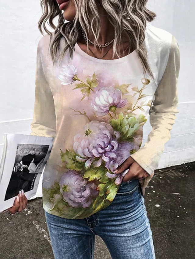  Women's T shirt Tee Green Floral Print Long Sleeve Holiday Weekend Basic Round Neck Regular Floral Painting S