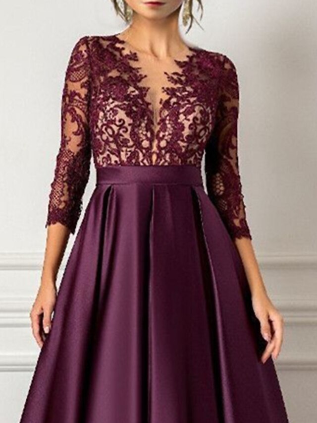 Gown Elegant Dress Formal Wedding Guest Floor Length Short Sleeve V Neck Belt / Sash Satin with Pleats Evening Dress