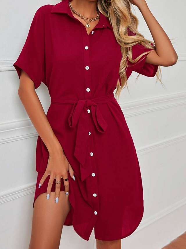 Women's Shirt Dress Casual Dress Mini Dress Black Red Green Short