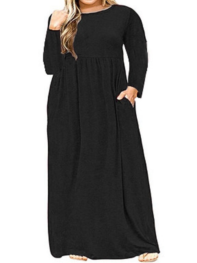 Women's Plus Size Casual Dress Pure Color Crew Neck Long Sleeve Fall