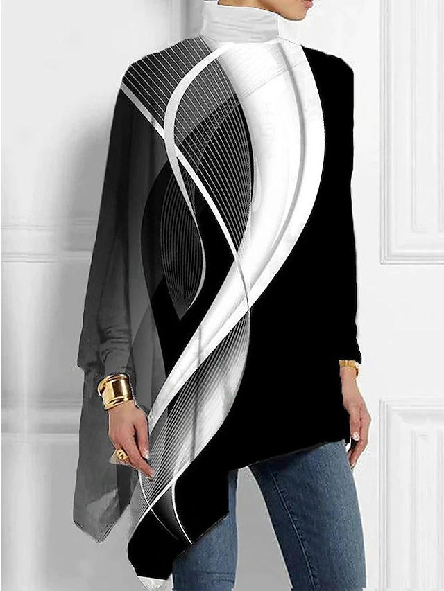 Women's T shirt Long Sleeve Plus Size Shirt Blouse Basic Butterfly Print Long Sleeve Regular Tops Turtleneck High Neck Casual Silver Black White Yellow Gray Spring Fall Prefall 8