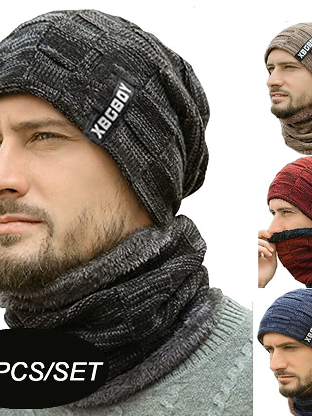  2pcs/set Winter Beanie Hats Scarf Set Warm Knit Hat Neck Warmer with Thick Fleece Lined Winter Hat and Scarf for Men Women