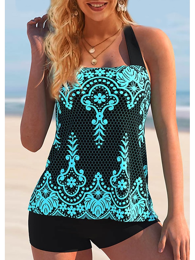 Dam Badkläder Tankini 2 st Plusstorlekar Baddräkt Spänne Tryck Blommig