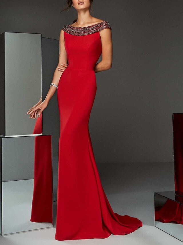 Mermaid / Trumpet Evening Gown Sexy Dress Formal Evening Sweep / Brush Train Sleeveless V Neck Charmeuse with Ruched Beading main image 1