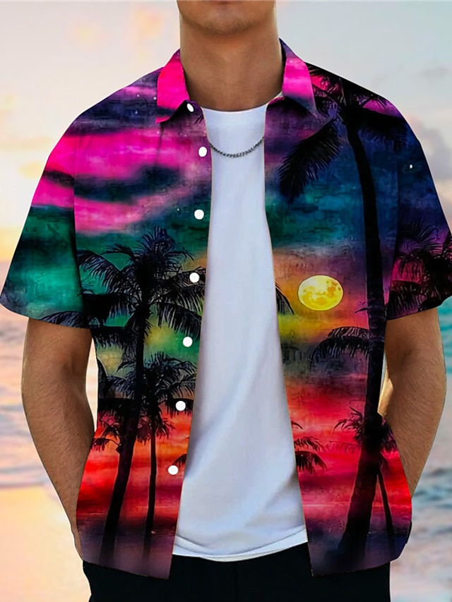  Hombre Camisa camisa hawaiana Árbol de coco Paisaje Estampados Cuello Vuelto Morado Gris Impresión 3D Calle Diario Mangas cortas Abotonar Estampado Ropa Tropical Moda Hawaiano Design