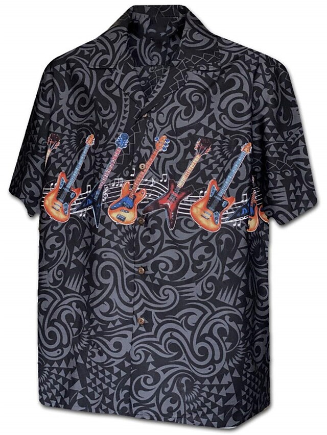  Men's Shirt Graphic Prints Guitar Totem Turndown Black Beige 3D Print Casual Going out Short Sleeves Button-Down Print Clothing Apparel Tropical Hawaiian Designer Casual