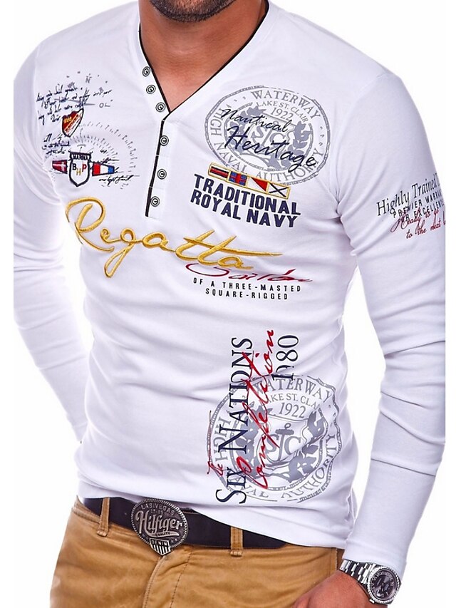  男性用 ヘンリーシャツ Tシャツ クールなシャツ 長袖シャツ グラフィック レタード Ｖネック プリント 標準 長袖 衣類 筋 エッセンシャル