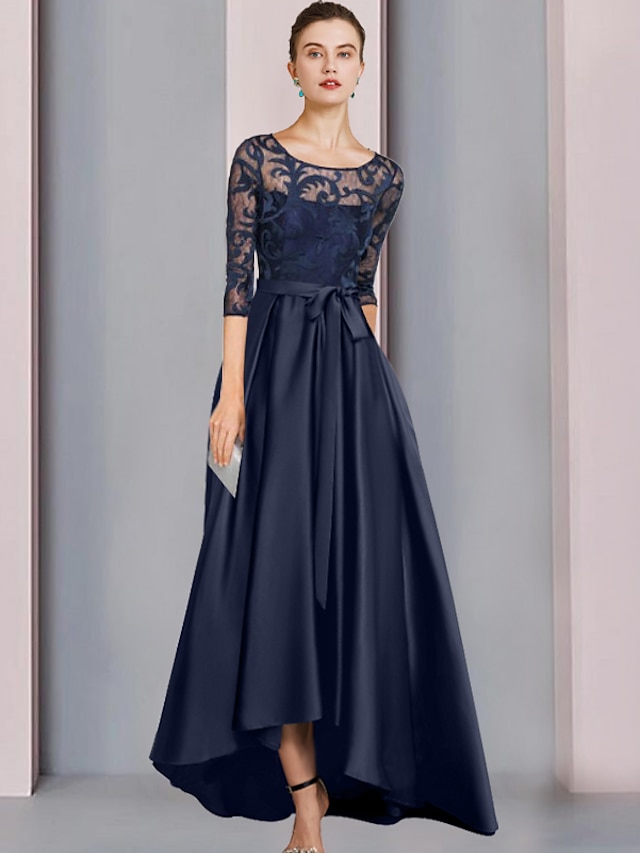  Linha A Vestido Para Mãe dos Noivos Convidado do casamento Elegante Assimétrico Scoop pescoço Assimétrico Longo Cetim Renda Meia Manga com Laço(s) Pregas Apliques 2024