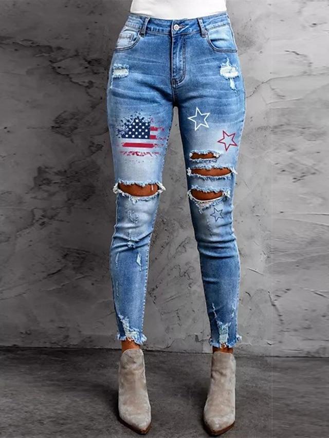  Damen Eng Jeans Denim Blau Casual Casual In voller Länge Draussen Amerikanische Flagge S M L XL 2XL
