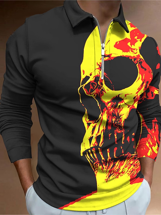  Men's Polo Shirt Golf Shirt Skull Graphic Prints Turndown Blue Yellow 3D Print Outdoor Street Long Sleeve Zipper Print Clothing Apparel Fashion Cool Designer Punk & Gothic