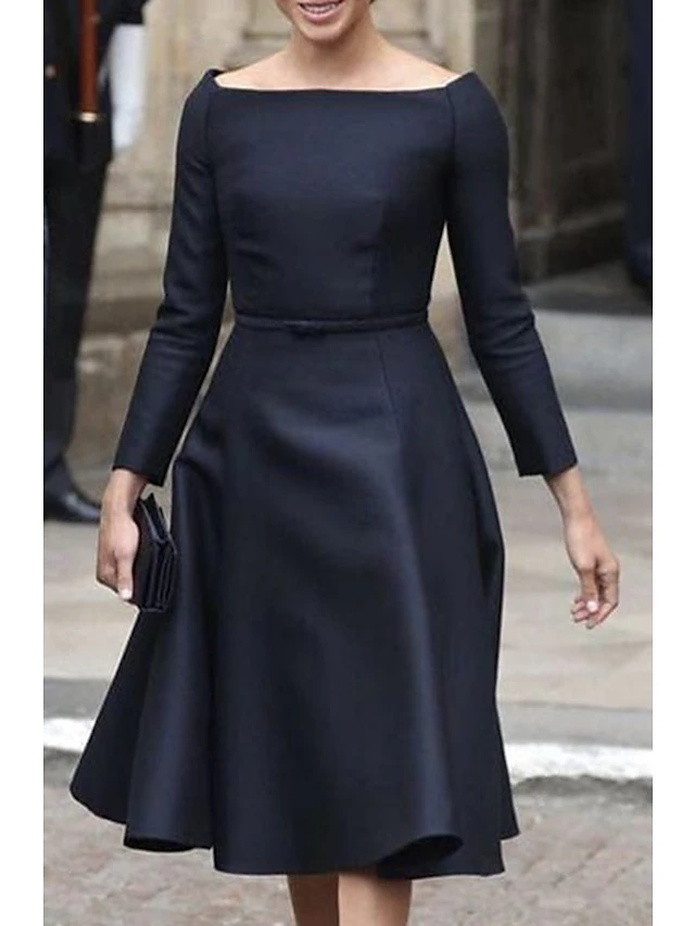 A-Line Mother of the Bride Dress Elegant Simple Jewel Neck Tea Length Knee Length Taffeta Long Sleeve with Sash / Ribbon Solid Color 7