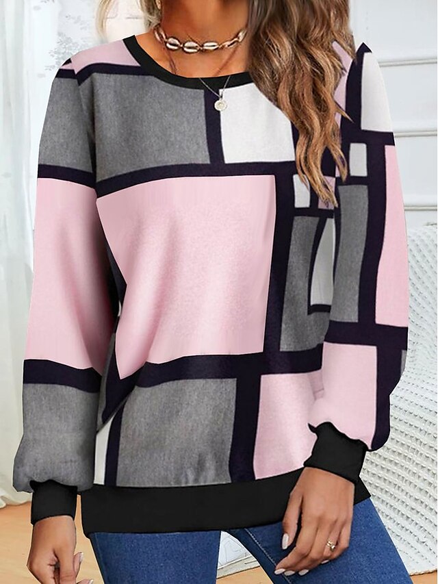  Women's Sweatshirt Pullover Streetwear Pink Blue Green Color Block Casual Round Neck Plus Size Long Sleeve