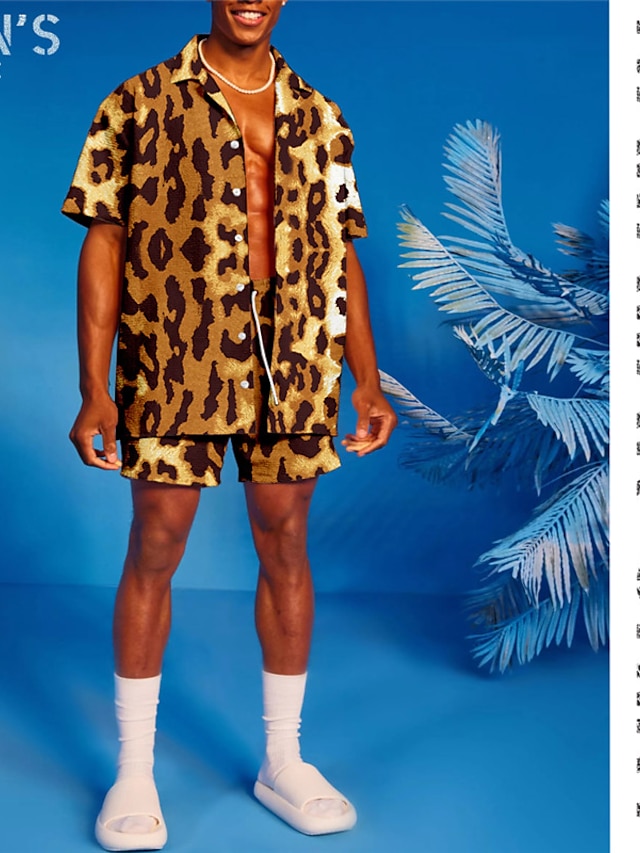  Hombre Talla Grande Conjunto de camisa Grande y alto Leopardo Cuello Vuelto Botón Mangas cortas Primavera verano Tropical Hawaiano Casual Deporte Calle Tops