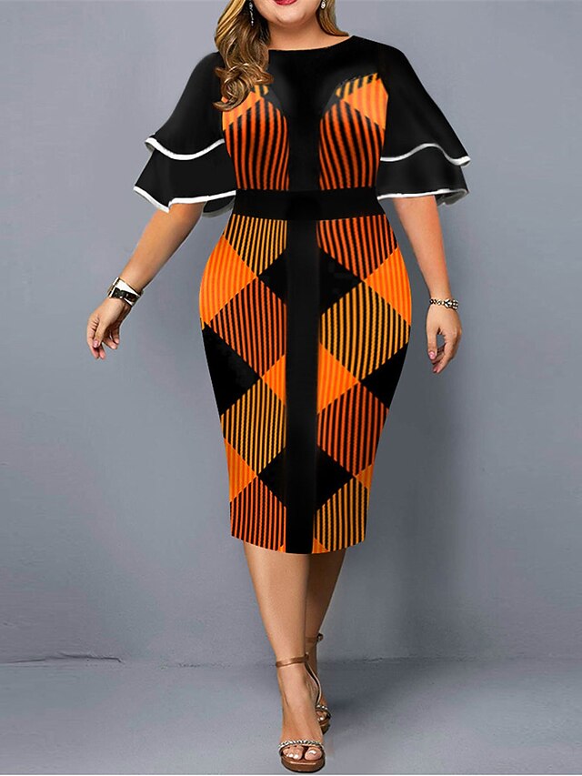 Women's Plus Size Work Dress Geometric Crew Neck Short Sleeve Spring