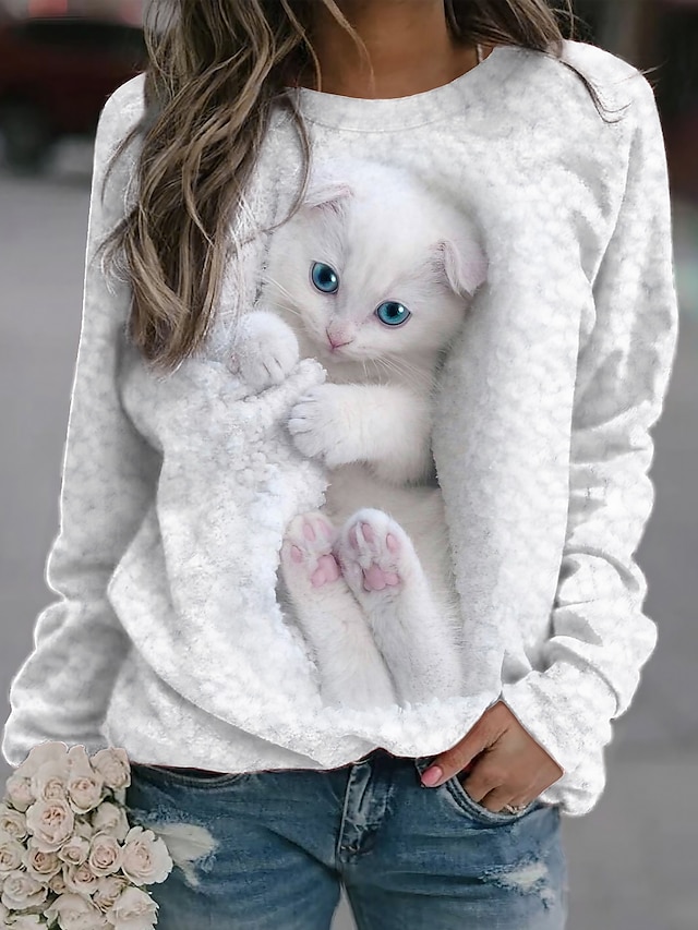  Women's Sweatshirt Pullover Cat Street Casual White Sports Basic Round Neck Long Sleeve Top Micro-elastic Fall & Winter