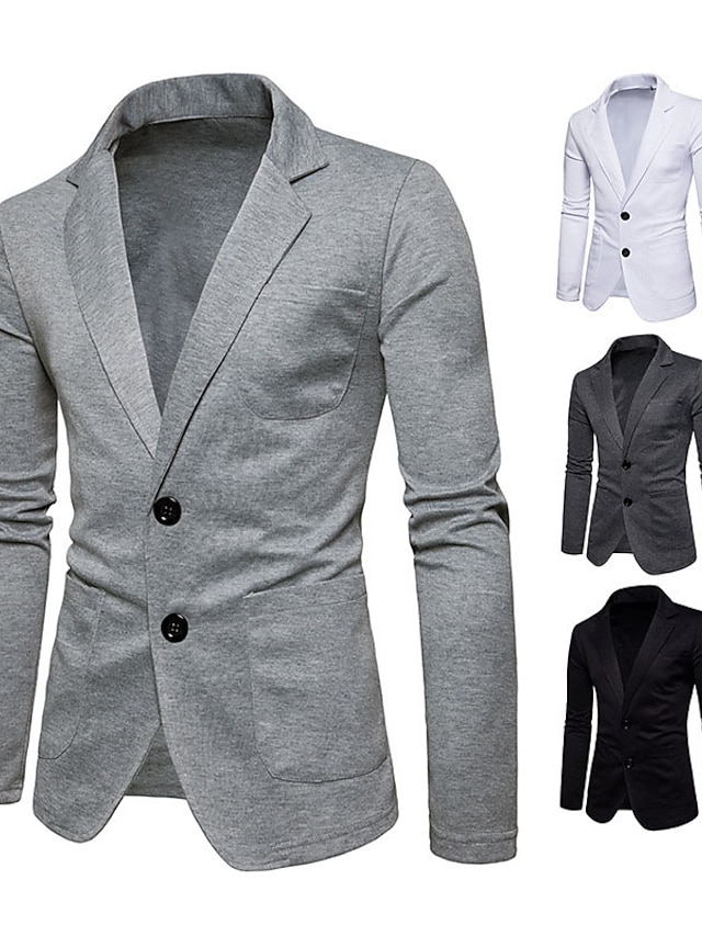  Men's Blazer Office & Career Daily Wear Outdoor Pocket Spring Fall Plain Stylish Warm Ups Lapel Dark Grey Black White Light Grey Jacket