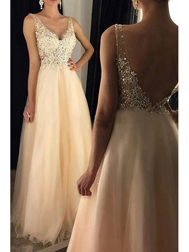 A-Line Gold Prom Dresses Sequin Dress Formal Wedding Guest Floor Length Sleeveless V Neck Tulle V Back with Beading Appliques4