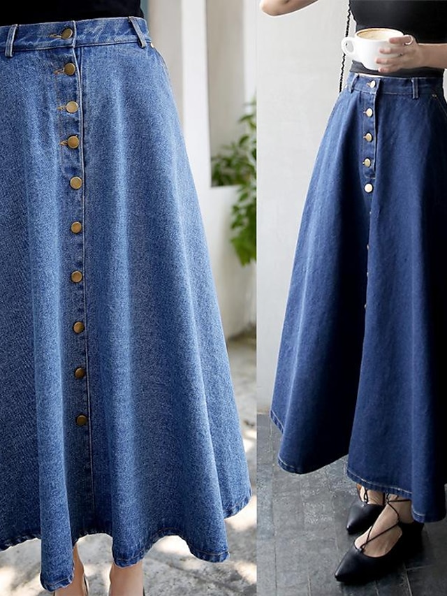 Women's Swing Long Skirt Maxi Denim Dark Blue Light Blue Skirts Basic ...