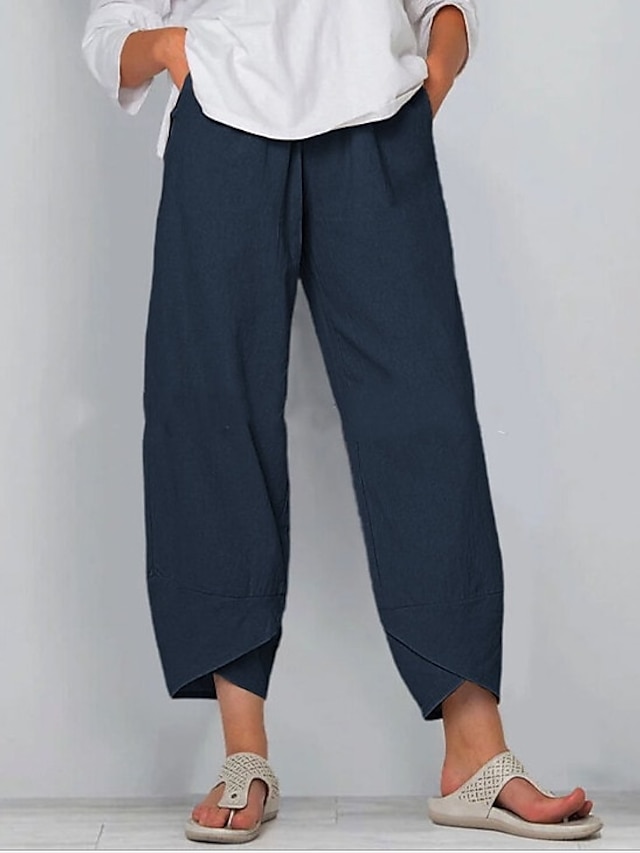 Women's Linen Pants Chinos Trousers Cotton Blend Side Pockets Baggy Mid ...