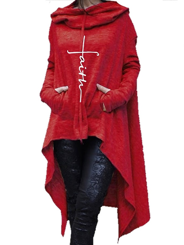  Damen Glauben Hoodie Sweatshirt unregelmäßiger Saum Midi langer Kapuzenpullover lässig lockerer Pullover Trainingsanzug schwarz