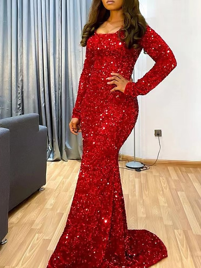  Mermaid Evening Gown Sparkle Red Green Dress Dress Formal Wedding Guest Sweep / Brush Train Long Sleeve Scoop Neck Sequined with Sequin 2024