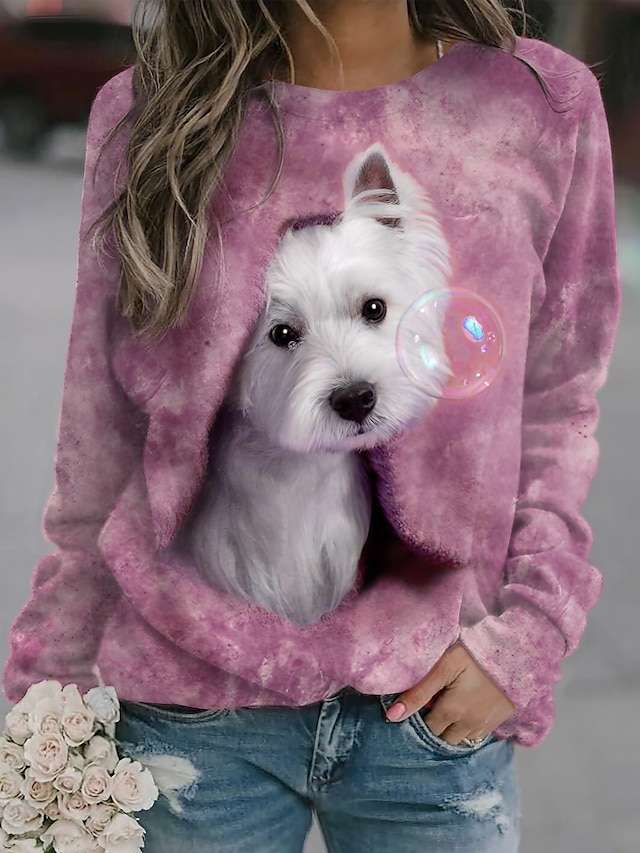  Dame Sweatshirt bluse Hund Gade Afslappet Lyserød Blå Lilla Basale Rund hals Langærmet Top Mikroelastisk Efterår vinter