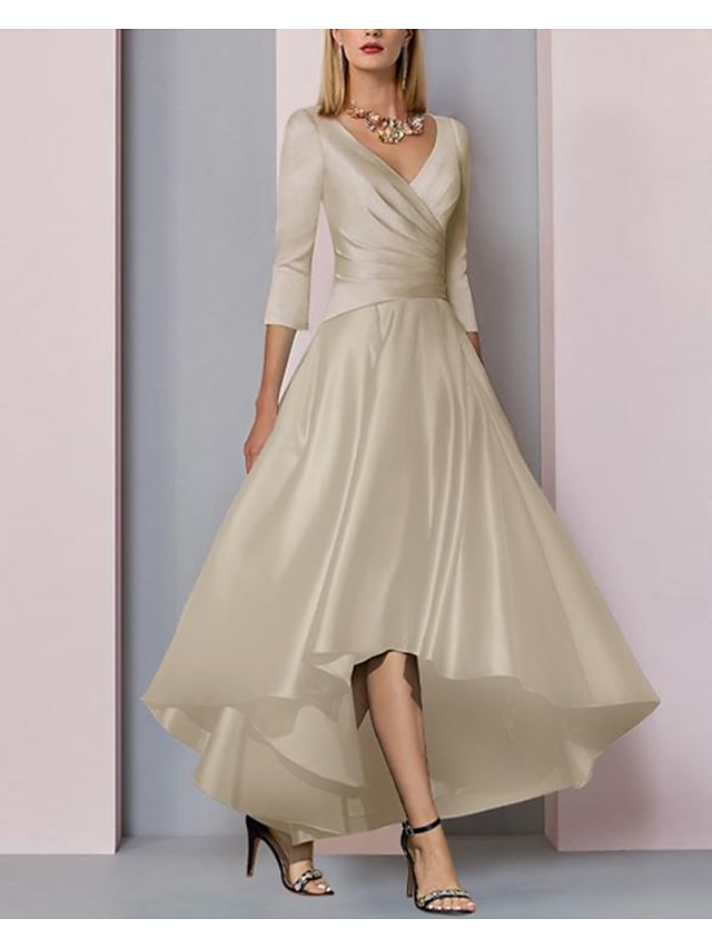 A-Line Mother of the Bride Dress Wedding Guest Elegant High Low V Neck Asymmetrical Ankle Length Satin Half Sleeve with Pleats Side-Draped 2024