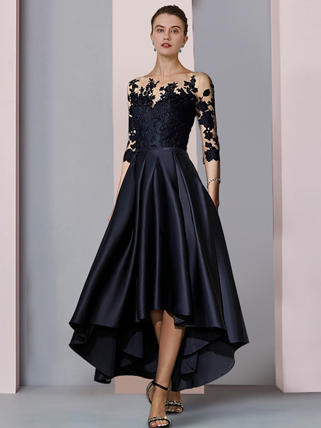  A-Line Mother of the Bride Dress Wedding Guest Elegant High Low Scoop Neck Asymmetrical Tea Length Satin Lace 3/4 Length Sleeve with Pleats Appliques 2024