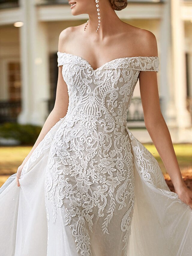 Beach Mature Wedding Dresses A-Line Off Shoulder Long Sleeve Court Train Satin Bridal Gowns With Pleats Split Front main image 1