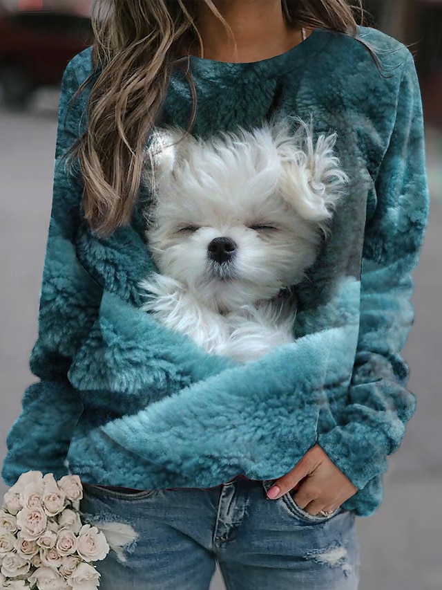  Damen Übergröße Sweatshirt Pullover Zur Seite fahren Hund Strasse Casual Blau 3D-Druck Basic Rundhalsausschnitt Langarm Oberteil Mikro-elastisch Frühling Herbst Winter