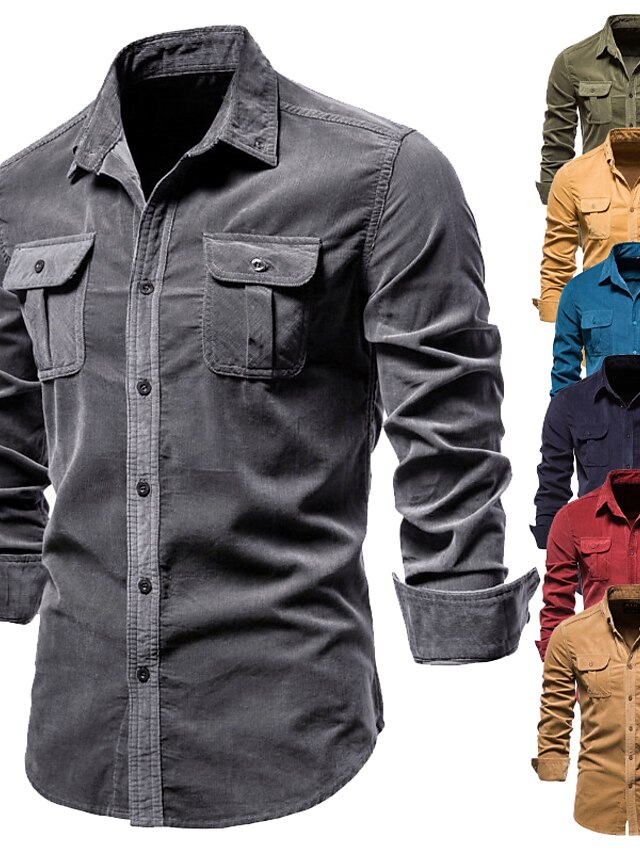  Men's Shirt Flannel Shirt Corduroy Shirt Solid Color Green Blue Yellow Red Brown Casual Daily Short Sleeve Button-Down Clothing Apparel Fashion Lightweight Casual Breathable