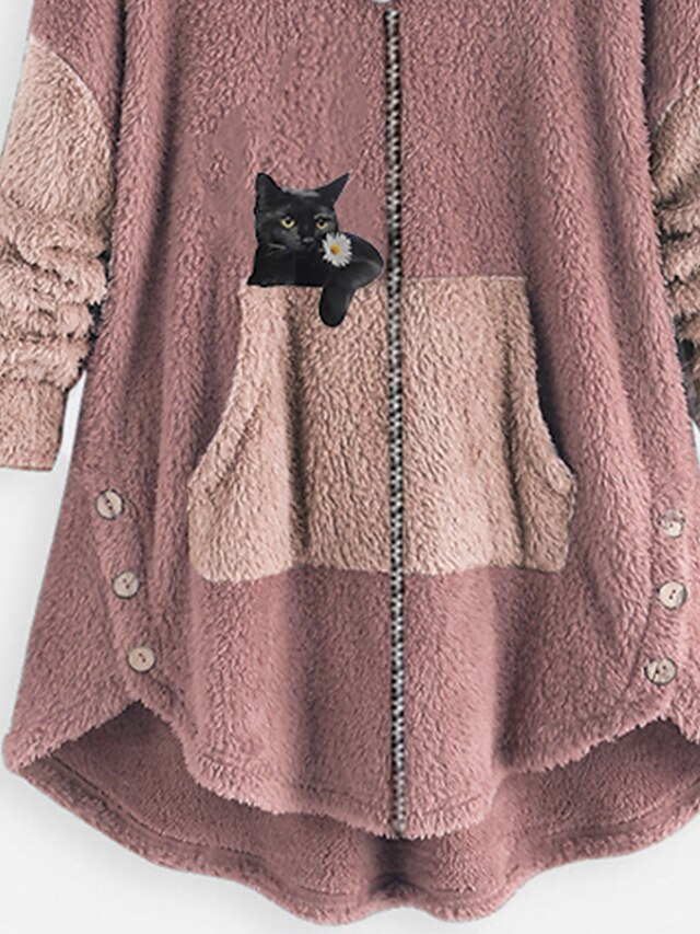 Women's Plus Size Teddy Coat Animal Cat Causal House Long Sleeve V Wire
