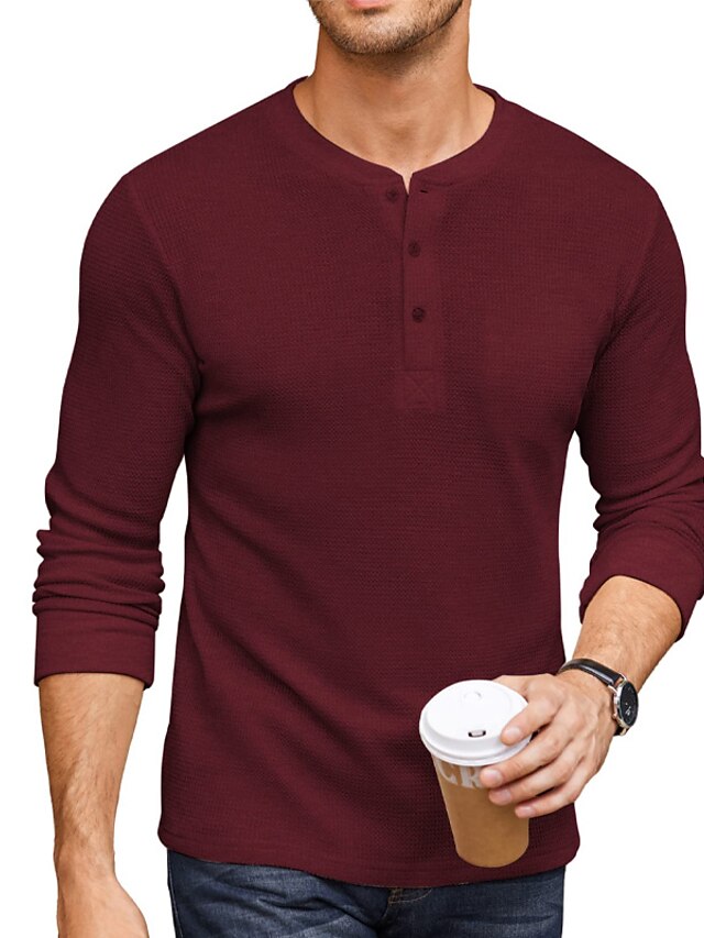  t-shirt basique henley gaufré vichy à manches longues pour hommes avec poches