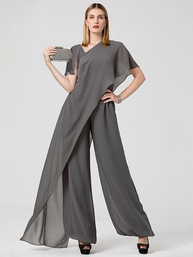  Jumpsuits Evening Gown Minimalist Dress Wedding Guest Floor Length Short Sleeve V Neck With One Detachable Chiffon Sleeves 2023