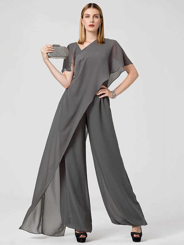 Jumpsuits Evening Gown Elegant Dress Summer Floor Length Short Sleeve V Neck Detachable Chiffon with Criss Cross 11